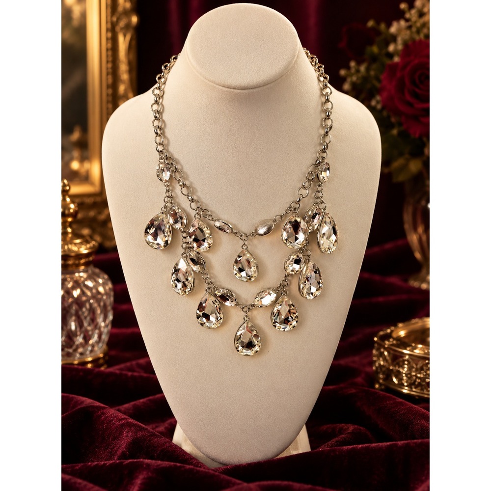 Silver Tone Tiered Teardrop Crystal Statement Bib Necklace Formal Wedding Jewely